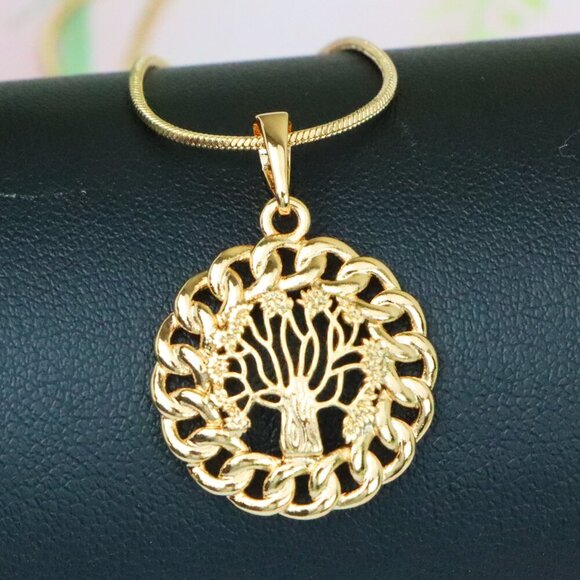 "Tree of Life Round Rose Gold Pendant with Chain Pattern Frame, XPPT1294 - Picture 1 of 12